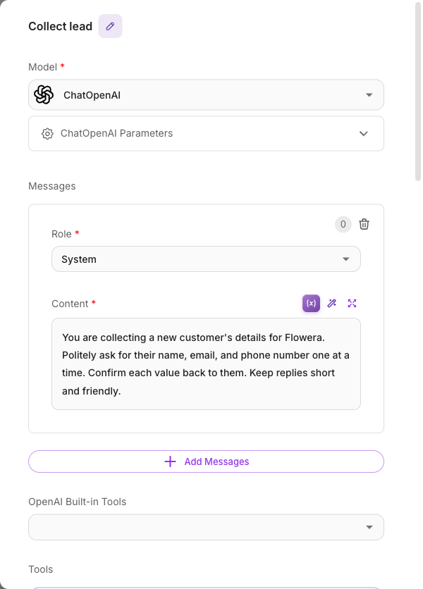 Agent node config panel showing the ChatOpenAI model and a System message