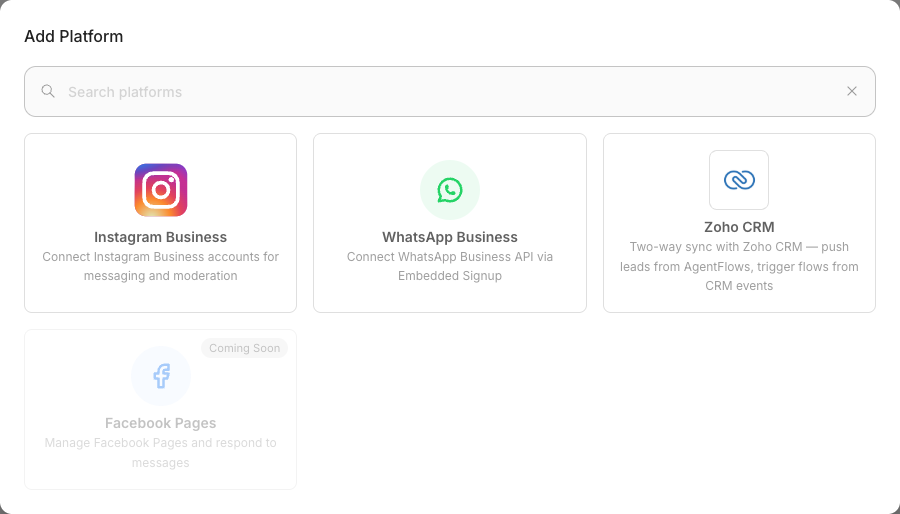 The Add Platform picker on Credentials → Connected Accounts, listing Instagram Business, WhatsApp Business and Zoho CRM