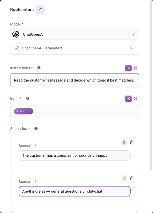 Condition Agent with instructions, input and two scenarios including a catch-all
