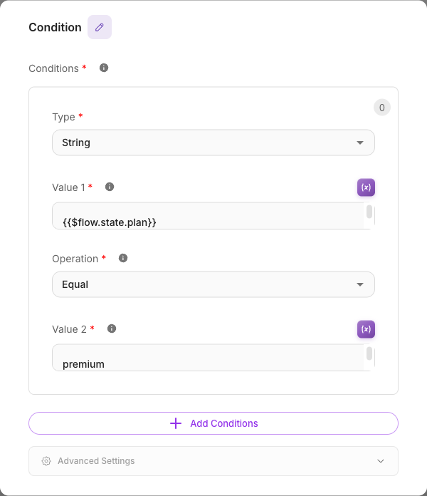 A Condition rule comparing a string from flow state: {{$flow.state.plan}} equal to premium