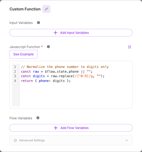 Custom Function node with a JavaScript function in the code editor