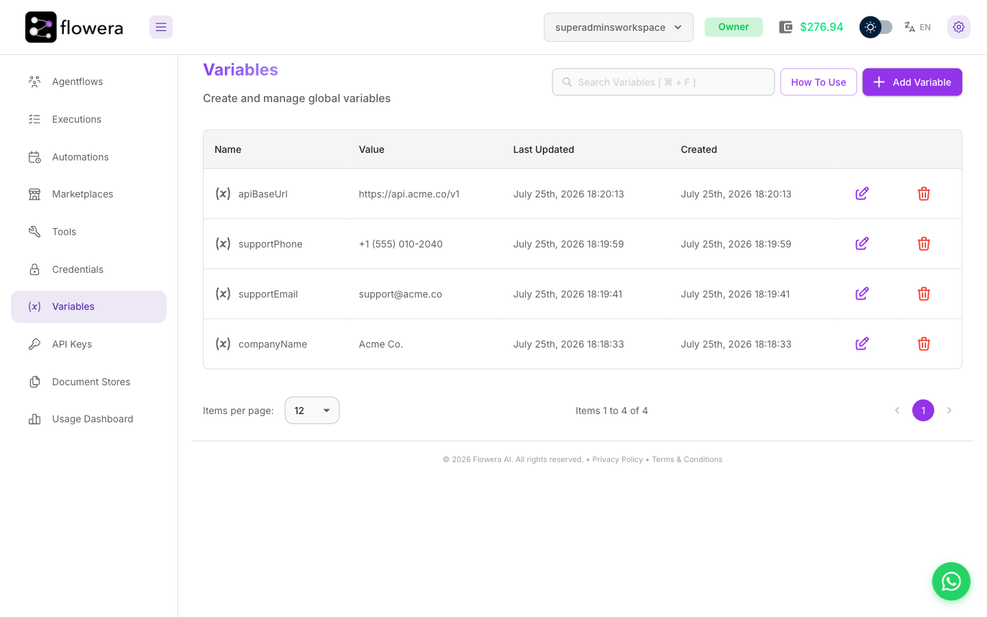The workspace Variables screen listing custom variables with their names and values