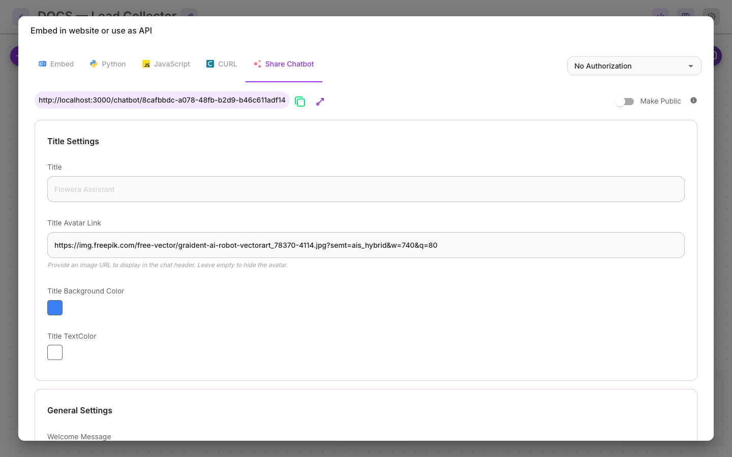 The Share Chatbot tab, with the public link and the Make Public toggle.