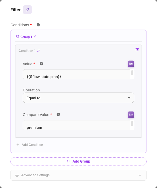 Filter node checking whether the customer's plan equals 'premium'