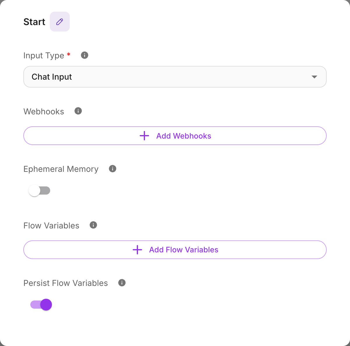 Start node panel with Input Type set to Chat Input