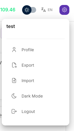The account menu: Profile, Export, Import, Dark Mode, and Logout.