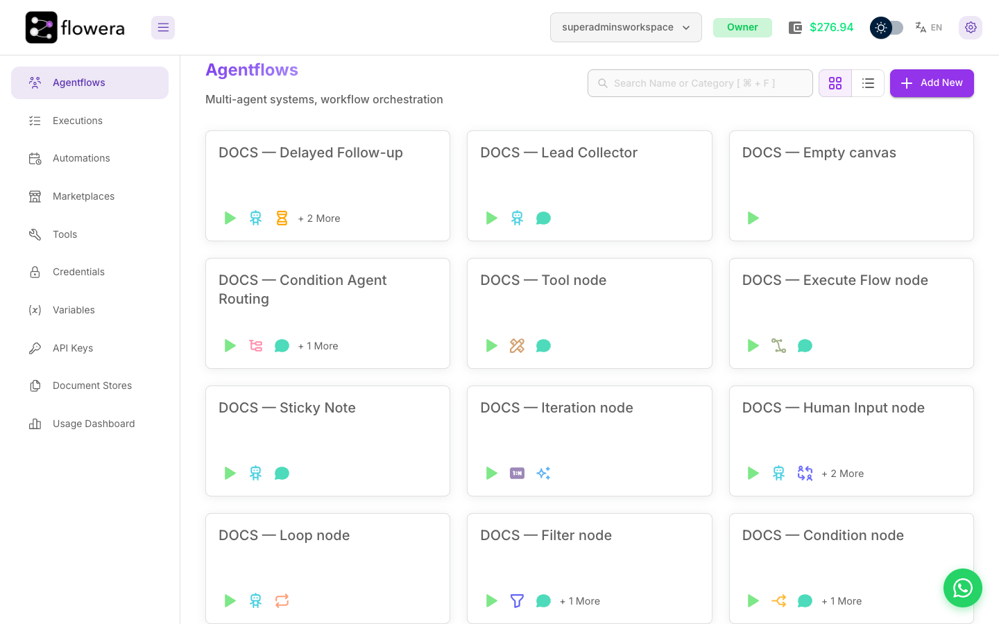 The Flowera app: left menu, top bar, and the Agentflows list in the middle.
