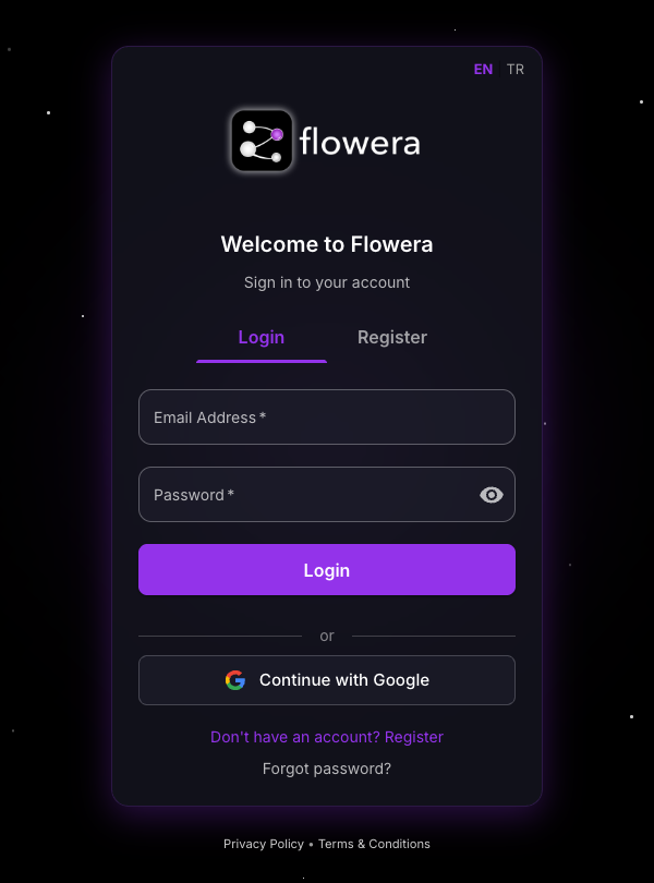 The Flowera sign-in screen, showing the Login and Register tabs.