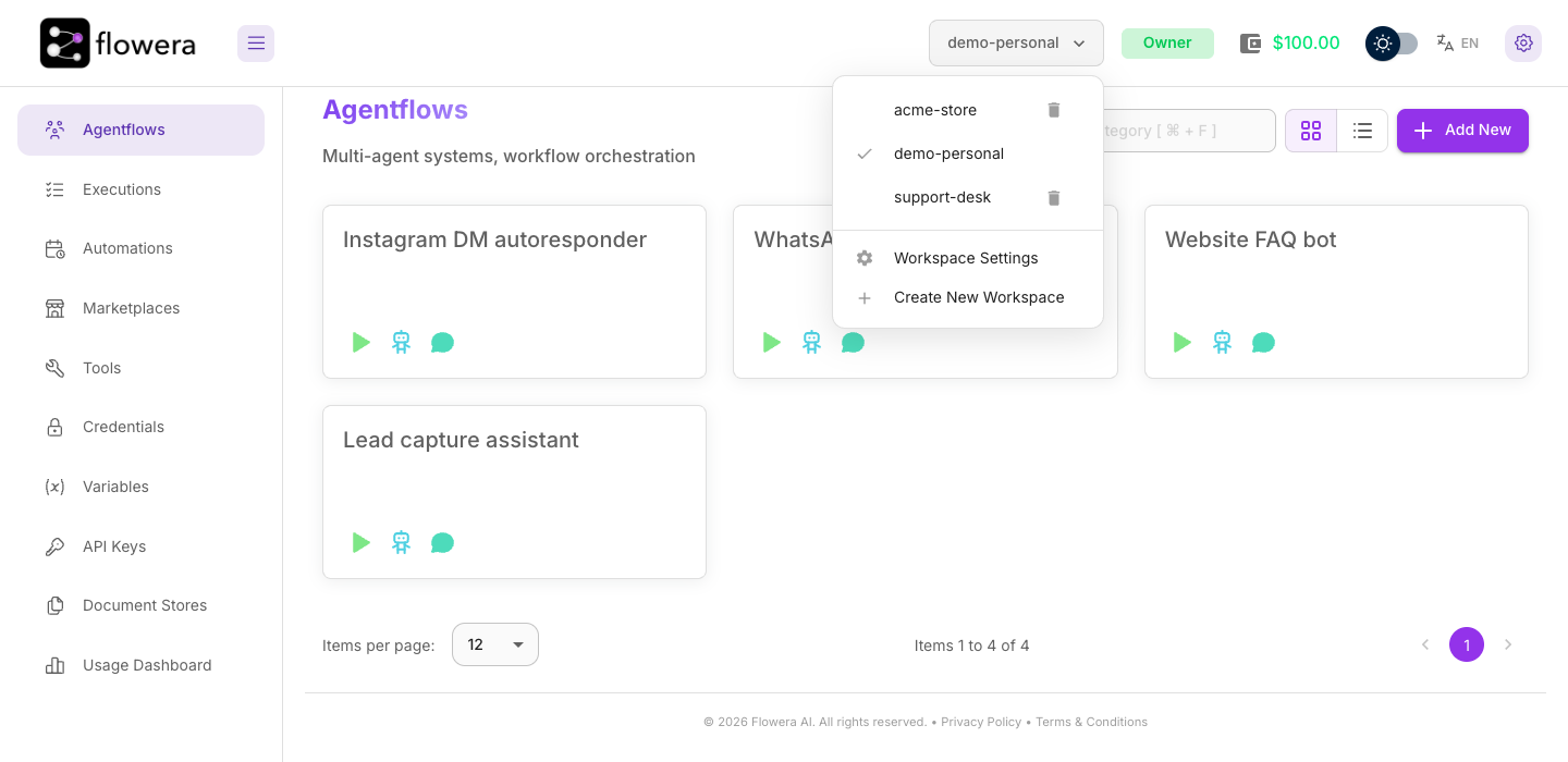 The workspace switcher open, listing the user's workspaces plus Workspace Settings and Create New Workspace.