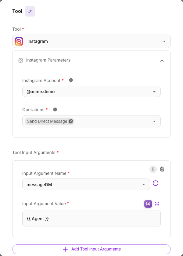 The Tool node with the Instagram tool selected, Send Direct Message enabled and messageDM set to the Agent's output