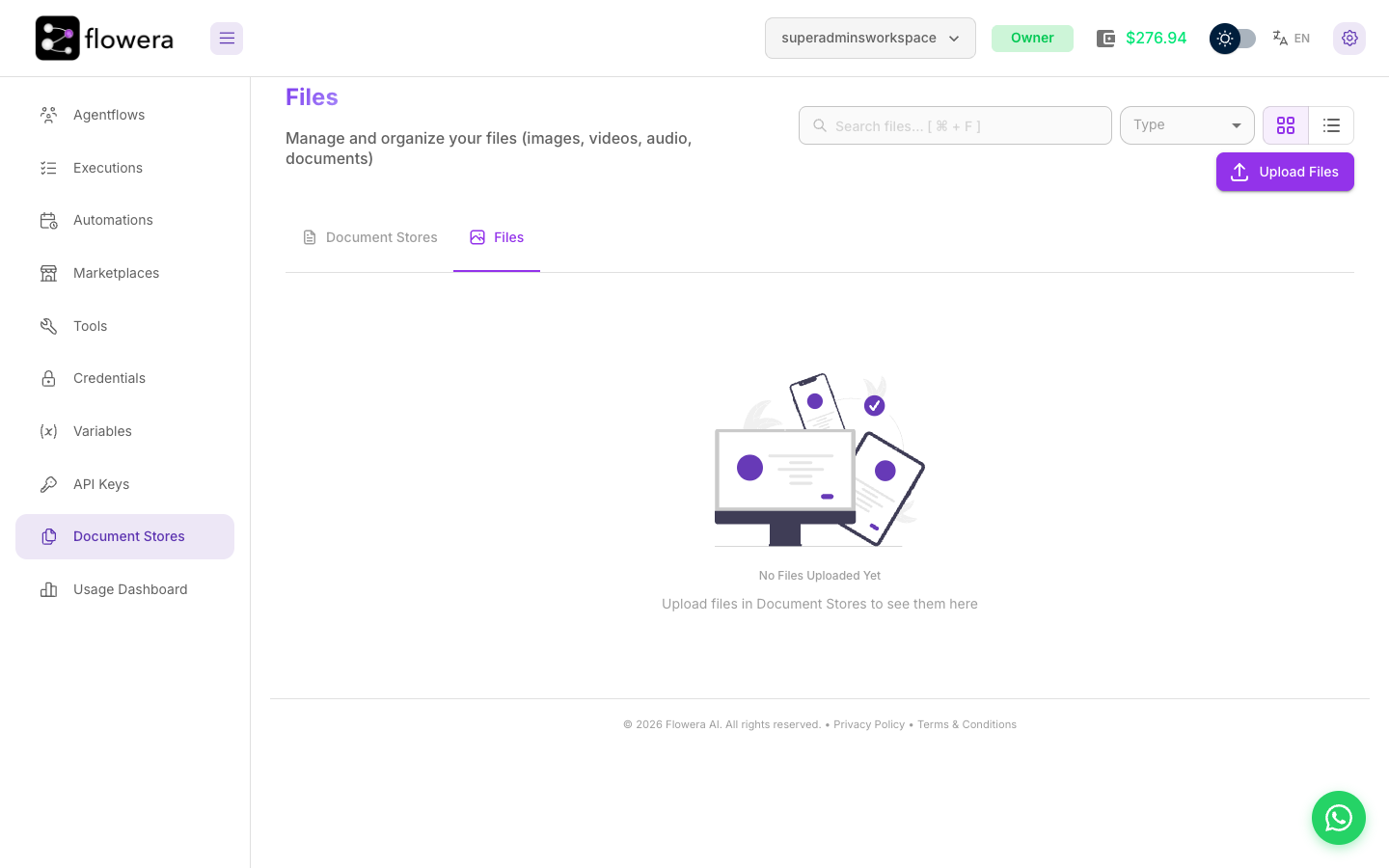 The Files tab of the Document Stores page — the workspace asset library.