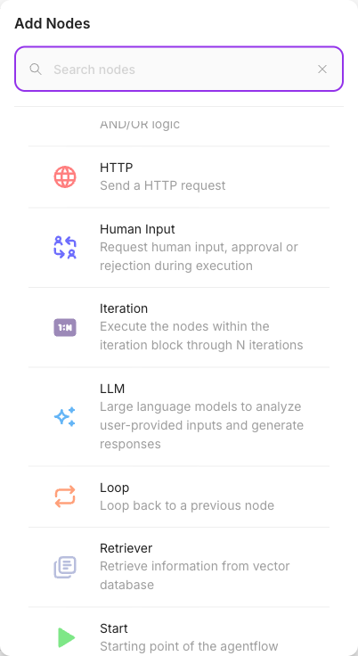 The LLM node in the Add Nodes palette