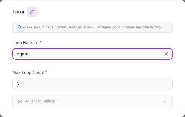 Loop node set to loop back to the Agent up to 3 times