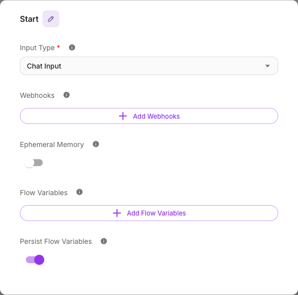 Start node Ephemeral Memory and Persist Flow Variables toggles