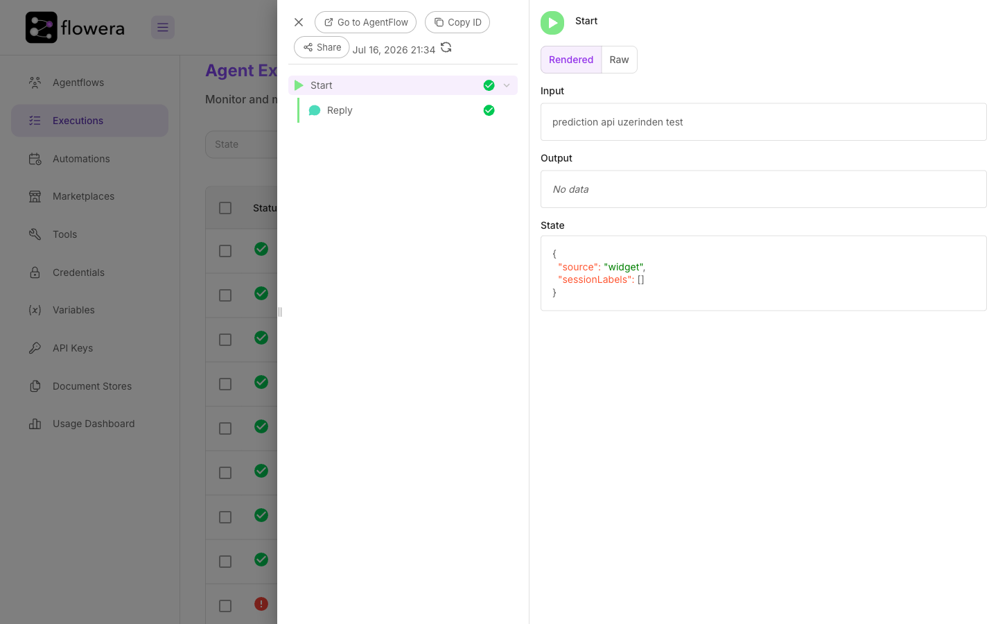 The execution detail view: node tree on the left, the selected node's inputs and outputs on the right.