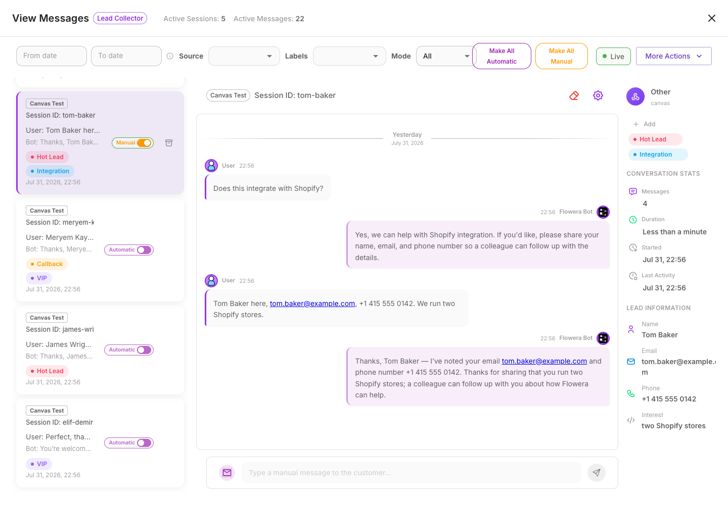 A session in View Messages with the manual mode switch turned on and the operator reply box active below the thread.