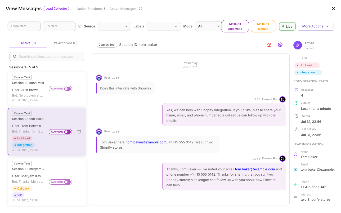 A session list in View Messages with several colored labels attached to different conversations.