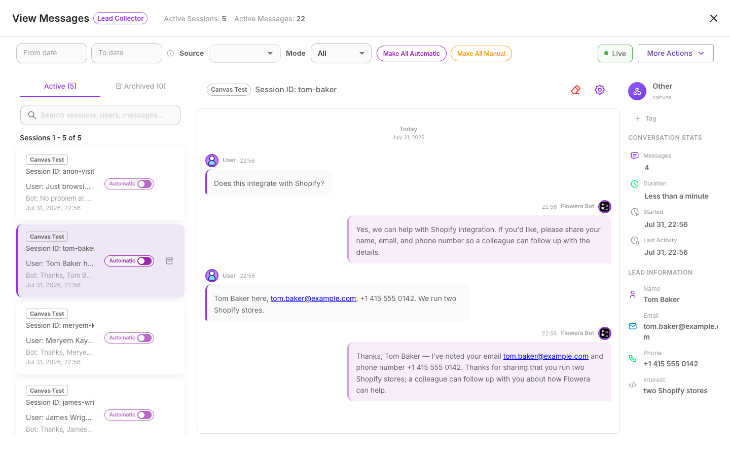 The View Messages dialog: session list on the left, an open conversation thread on the right, filter row across the top.