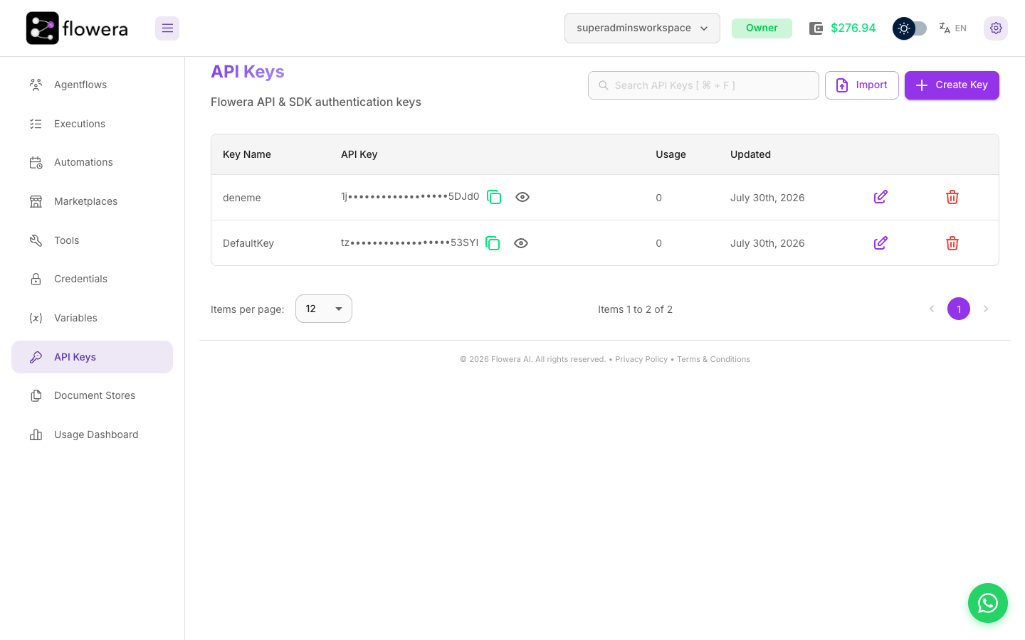 The API Keys page, listing keys with masked values and usage counts.