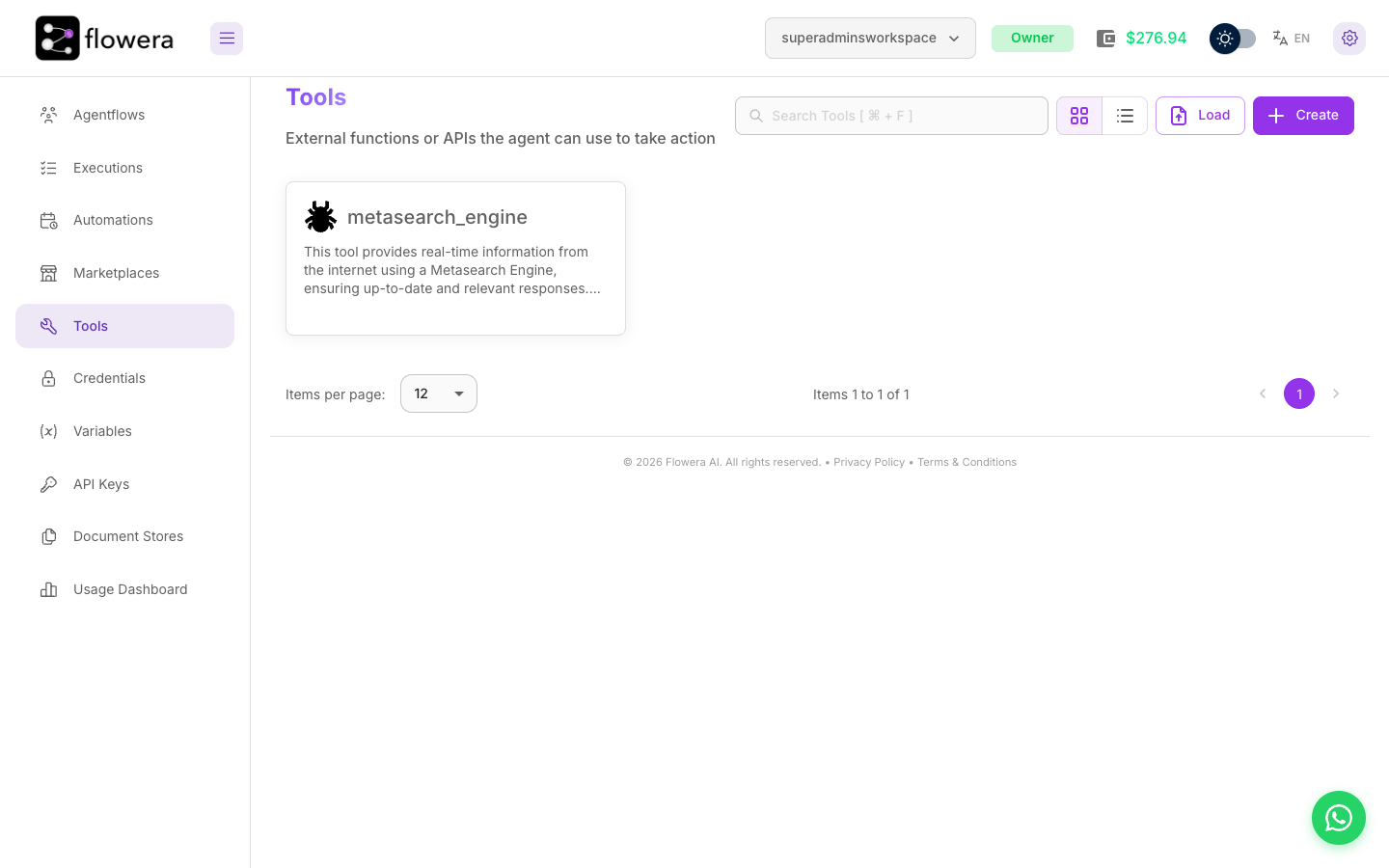 The Tools page listing the workspace's tools.
