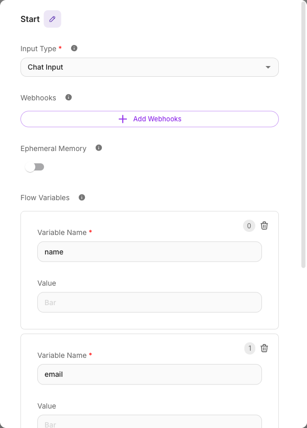 Start node config panel with Input Type set to Chat Input