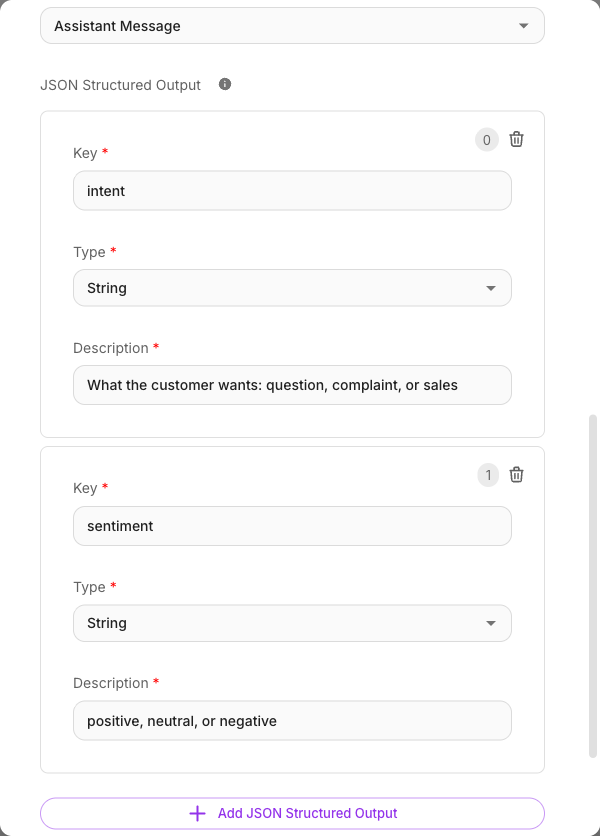 JSON Structured Output fields defined on an LLM node
