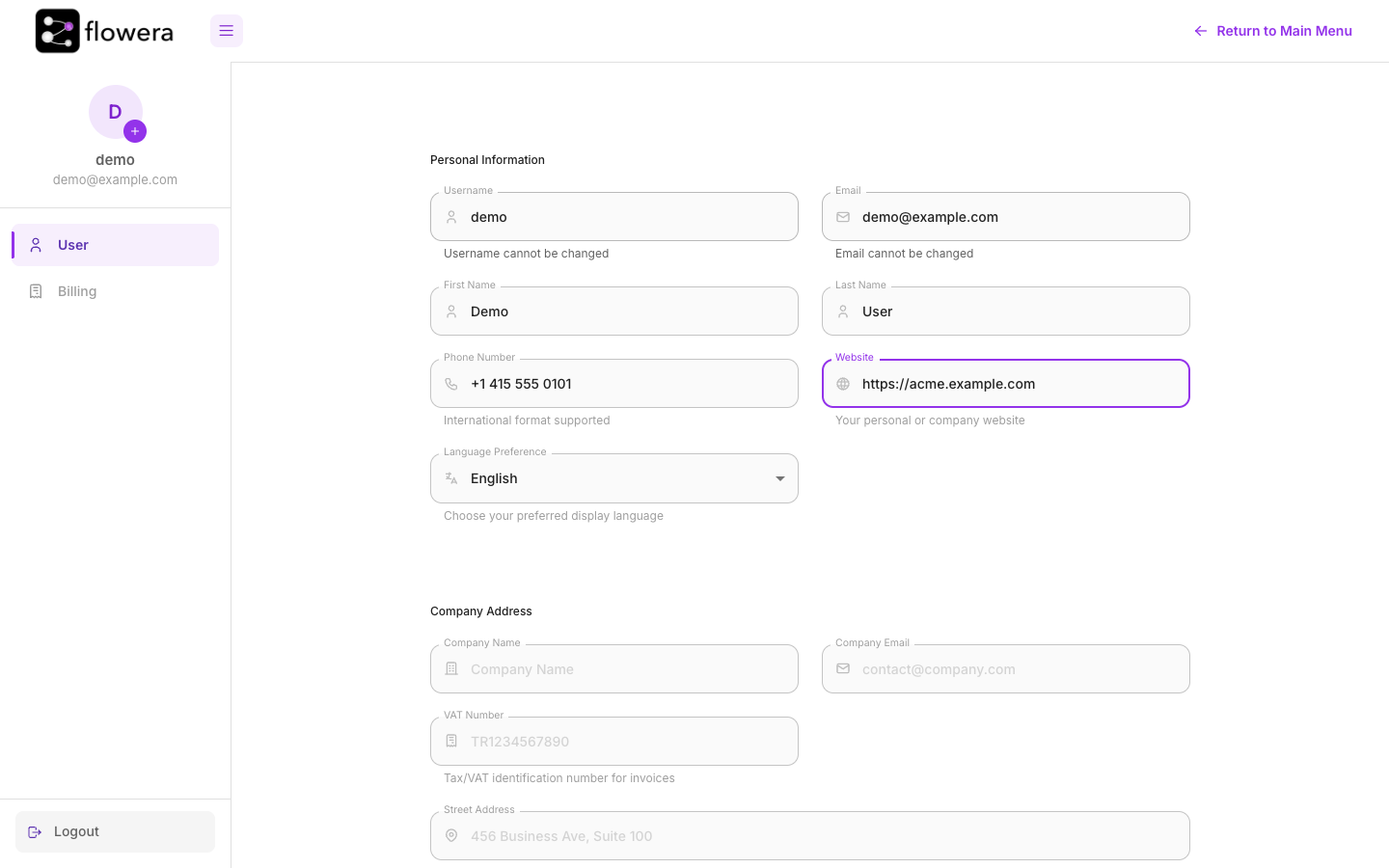The Profile page: Personal Information, with Company Address below and a Billing tab in the side rail.