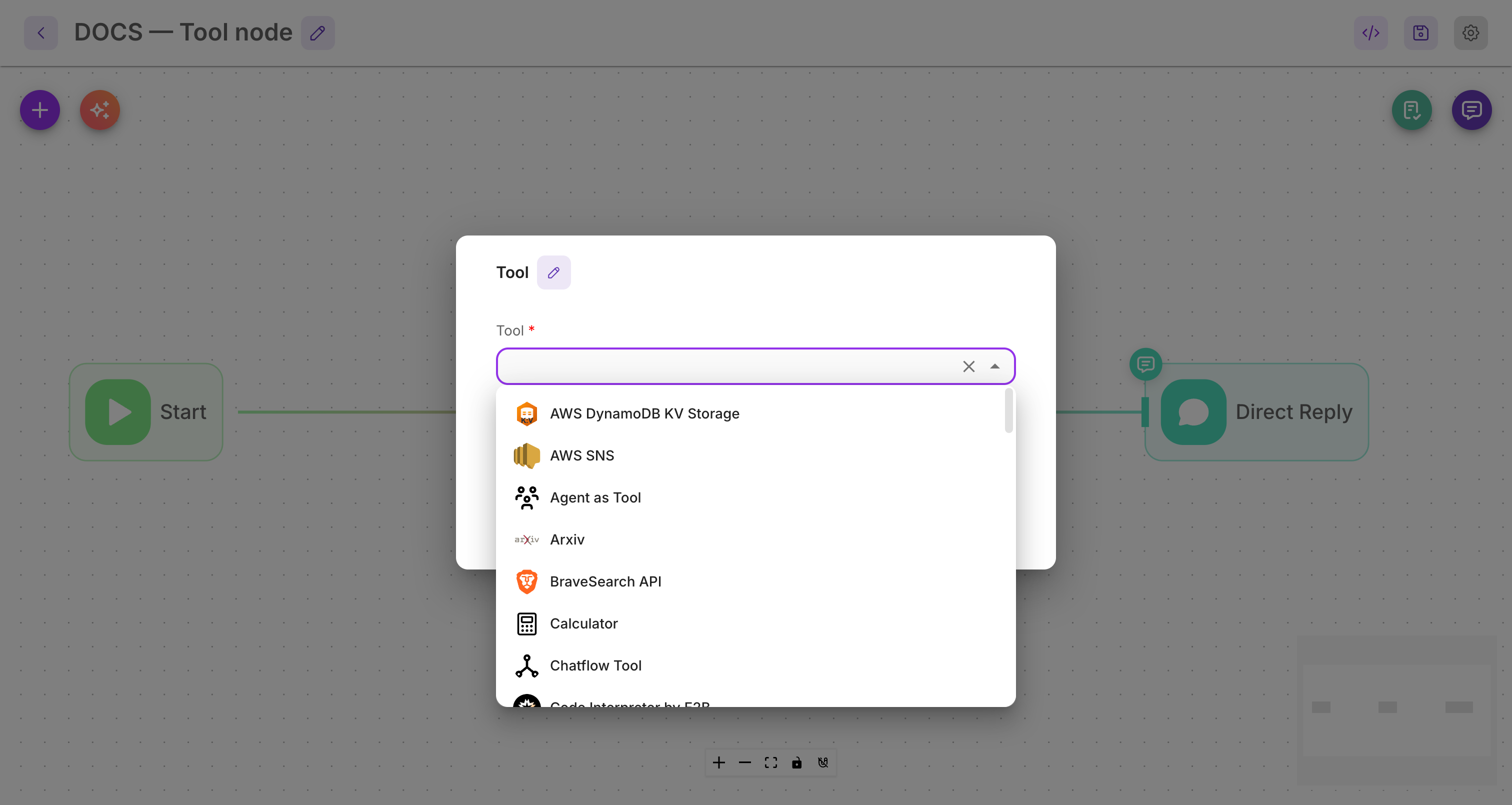 Choosing a tool from the catalog in the Tool node