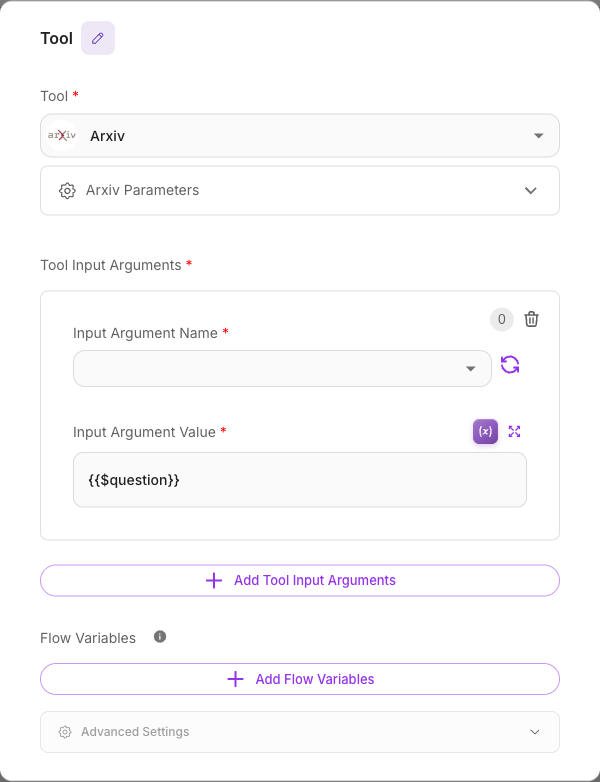 The Tool Input Arguments section where tool arguments are mapped