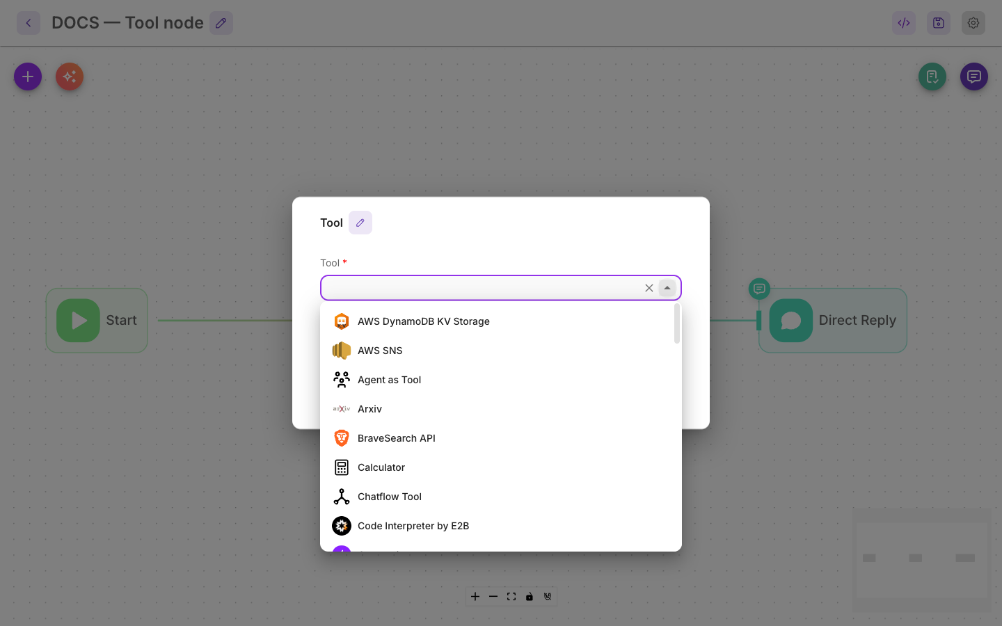 The Tool node's tool selector open, showing the tool catalog