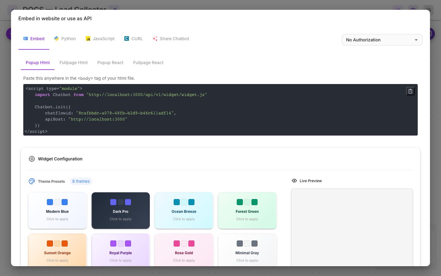 API penceresinin Embed sekmesi: widget betiği ve tema hazır ayarları.